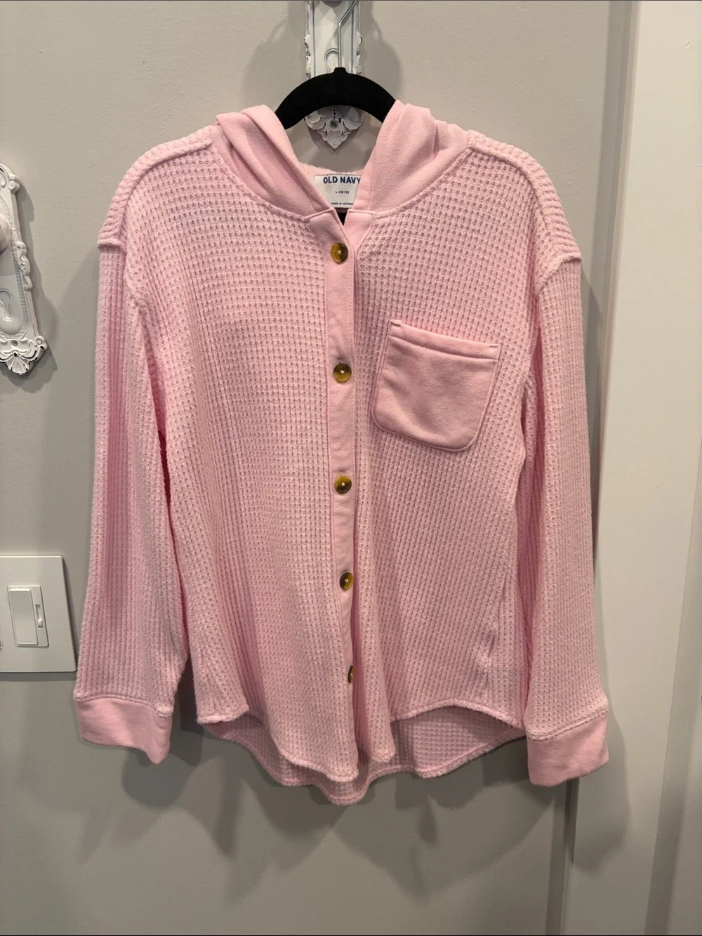 Old Navy Pink Hooded Waffle-Knit Button-Up Cardigan
